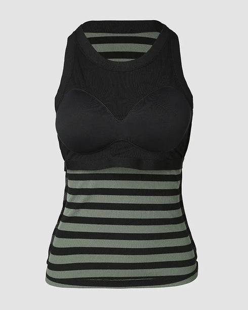 ChicMe Built-in Bra Striped Round Neck Bra Ribbed Tank Top Army green