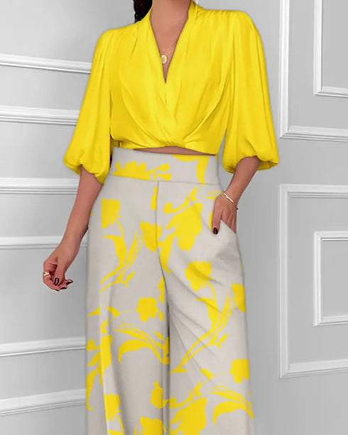 2 Pieces Outfit Wrap Plunge V Neck Crop Blouse and Casual Floral Print Wide Leg Pants Set yellow