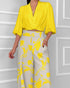 2 Pieces Outfit Wrap Plunge V Neck Crop Blouse and Casual Floral Print Wide Leg Pants Set yellow