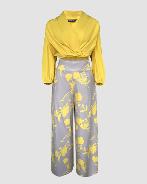 2 Pieces Outfit Wrap Plunge V Neck Crop Blouse and Casual Floral Print Wide Leg Pants Set yellow