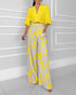 2 Pieces Outfit Wrap Plunge V Neck Crop Blouse and Casual Floral Print Wide Leg Pants Set yellow
