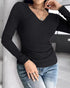 ChicMe Built-in Bra Notch Neck Long Sleeve Shirts Rib-Knit Ruched Waist Top black