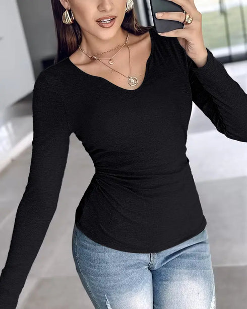 ChicMe Built-in Bra Notch Neck Long Sleeve Shirts Rib-Knit Ruched Waist Top black