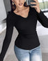 ChicMe Built-in Bra Notch Neck Long Sleeve Shirts Rib-Knit Ruched Waist Top black