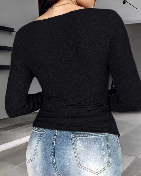 ChicMe Built-in Bra Notch Neck Long Sleeve Shirts Rib-Knit Ruched Waist Top black