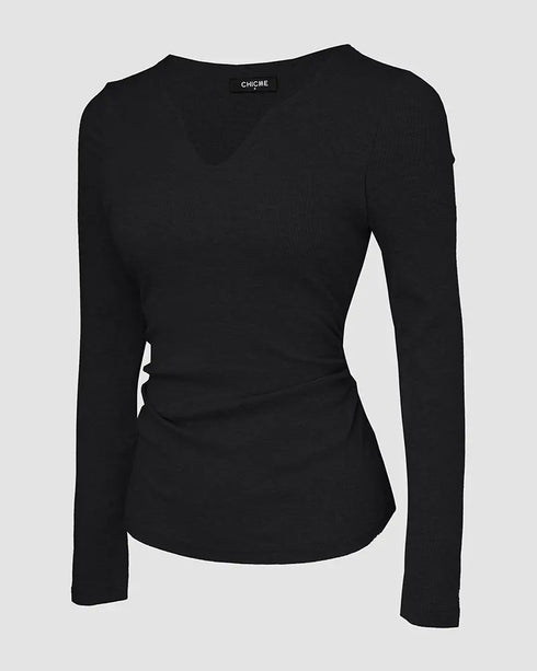 ChicMe Built-in Bra Notch Neck Long Sleeve Shirts Rib-Knit Ruched Waist Top black