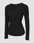 ChicMe Built-in Bra Notch Neck Long Sleeve Shirts Rib-Knit Ruched Waist Top black