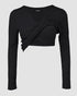ChicMe Built-in Bra Notch Neck Long Sleeve Shirts Rib-Knit Ruched Waist Top black