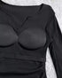 ChicMe Built-in Bra Notch Neck Long Sleeve Shirts Rib-Knit Ruched Waist Top black
