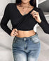 ChicMe Built-in Bra Notch Neck Long Sleeve Shirts Rib-Knit Ruched Waist Top black
