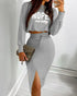 2 Pieces Outfit NOPE. not today Slogan Print Long Sleeve Stretchy Hem Crop Top and High Waist Drawstring Elastic Waist Slit Casual Skirt Set gray