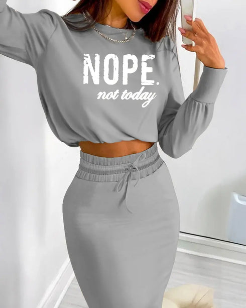 2 Pieces Outfit NOPE. not today Slogan Print Long Sleeve Stretchy Hem Crop Top and High Waist Drawstring Elastic Waist Slit Casual Skirt Set gray