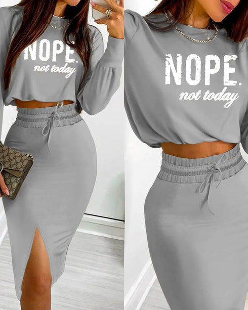 2 Pieces Outfit NOPE. not today Slogan Print Long Sleeve Stretchy Hem Crop Top and High Waist Drawstring Elastic Waist Slit Casual Skirt Set gray