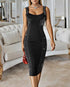 Square Neck Sequin & Tassel Decor Mesh Sleeve Bodycon Dress Zipper Back Party Dress black