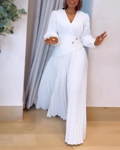 Button Decor Overlap V-Neck Pleated Puff Sleeve Zipper Side Commuting Dress Casual Cinched Waist Pleated Dress white