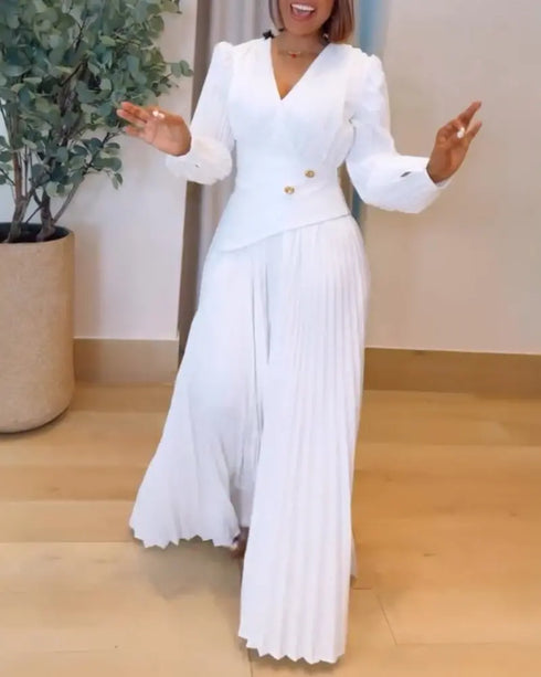 Button Decor Overlap V-Neck Pleated Puff Sleeve Zipper Side Commuting Dress Casual Cinched Waist Pleated Dress white