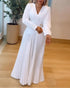 Button Decor Overlap V-Neck Pleated Puff Sleeve Zipper Side Commuting Dress Casual Cinched Waist Pleated Dress white