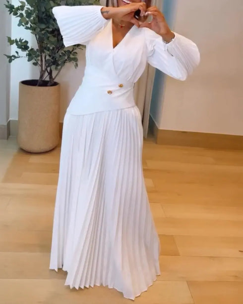 Button Decor Overlap V-Neck Pleated Puff Sleeve Zipper Side Commuting Dress Casual Cinched Waist Pleated Dress white