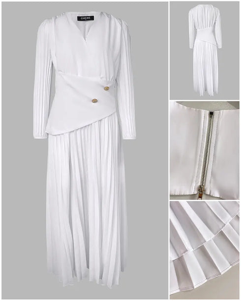 Button Decor Overlap V-Neck Pleated Puff Sleeve Zipper Side Commuting Dress Casual Cinched Waist Pleated Dress white