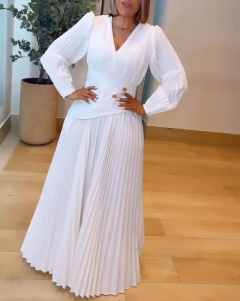 Button Decor Overlap V-Neck Pleated Puff Sleeve Zipper Side Commuting Dress Casual Cinched Waist Pleated Dress white