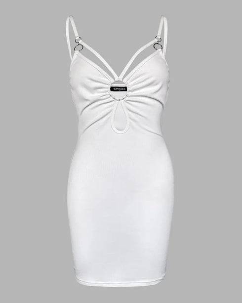 Rhinestone Thick Strap Ribbed Bodycon Dress Sexy Slim Fit Mini Dress white
