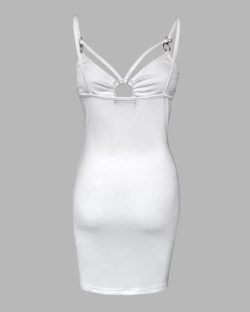 Rhinestone Thick Strap Ribbed Bodycon Dress Sexy Slim Fit Mini Dress white