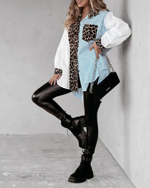 Leopard Print Striped Dip Hem Loose Fit Casual Blouse Button Front Shirt Leopard
