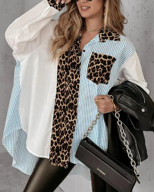 Leopard Print Striped Dip Hem Loose Fit Casual Blouse Button Front Shirt Leopard
