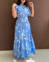 Floral Print Tie Neck Shoulder Ruffles Maxi Dress Casual Waist Shirred A Line Dress blue