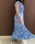 Floral Print Tie Neck Shoulder Ruffles Maxi Dress Casual Waist Shirred A Line Dress blue