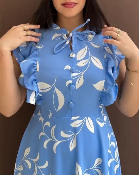 Floral Print Tie Neck Shoulder Ruffles Maxi Dress Casual Waist Shirred A Line Dress blue