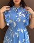 Floral Print Tie Neck Shoulder Ruffles Maxi Dress Casual Waist Shirred A Line Dress blue