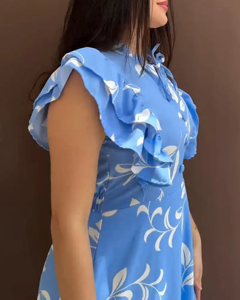 Floral Print Tie Neck Shoulder Ruffles Maxi Dress Casual Waist Shirred A Line Dress blue