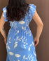 Floral Print Tie Neck Shoulder Ruffles Maxi Dress Casual Waist Shirred A Line Dress blue