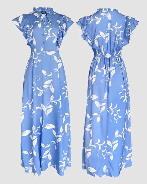 Floral Print Tie Neck Shoulder Ruffles Maxi Dress Casual Waist Shirred A Line Dress blue