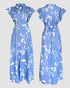 Floral Print Tie Neck Shoulder Ruffles Maxi Dress Casual Waist Shirred A Line Dress blue