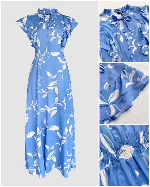 Floral Print Tie Neck Shoulder Ruffles Maxi Dress Casual Waist Shirred A Line Dress blue