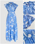 Floral Print Tie Neck Shoulder Ruffles Maxi Dress Casual Waist Shirred A Line Dress blue
