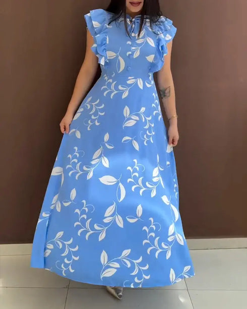 Floral Print Tie Neck Shoulder Ruffles Maxi Dress Casual Waist Shirred A Line Dress blue