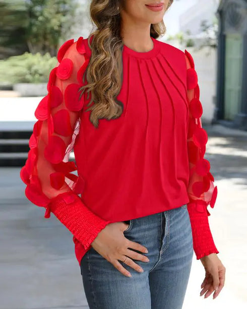3D Polka Dot Appliques Mesh Long Sleeve Blouse Casual Shirred Cuffs Seam Front Top red