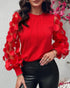 Floral Embroidery Round Neck Lantern Sleeve Blouse Sexy Sheer Mesh Patch Ruched Top red