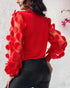 Contrast Lace Round Neck Lantern Sleeve Ruched Blouse Elegant Shirt red
