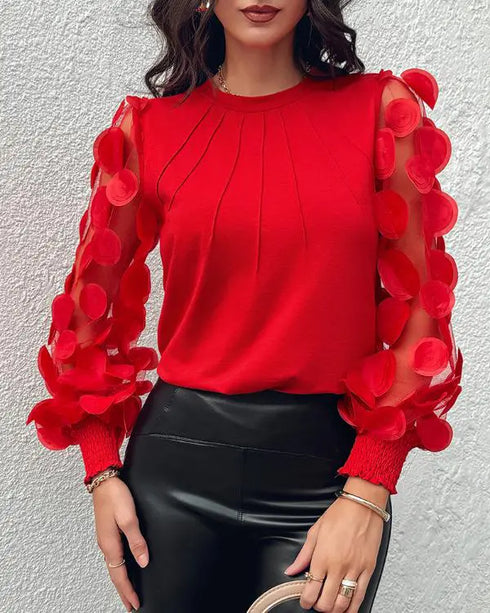 Floral Embroidery Round Neck Lantern Sleeve Blouse Sexy Sheer Mesh Patch Ruched Top red