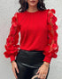 Floral Pattern Contrast Sequin Sheer Mesh Ruched Lantern Sleeve Blouse Elegant Top red