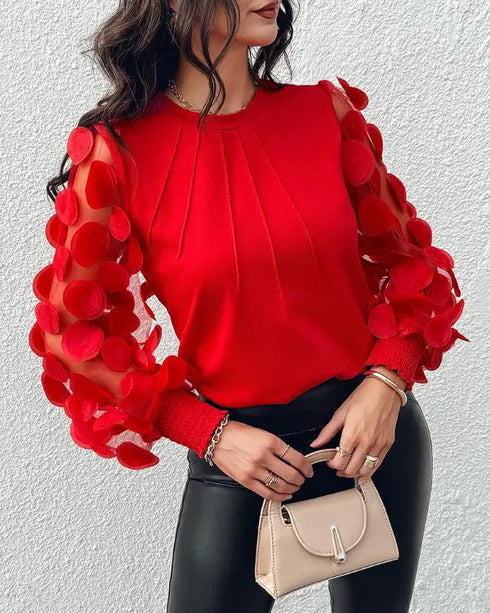 Contrast Lace Round Neck Lantern Sleeve Ruched Blouse Elegant Shirt red