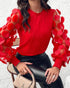 3D Polka Dot Appliques Mesh Long Sleeve Blouse Casual Shirred Cuffs Seam Front Top red