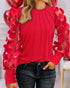 Contrast Lace Round Neck Lantern Sleeve Ruched Blouse Elegant Shirt red