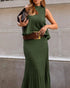 2 Pieces Outfit Sleeveless Loose A Line Pleated Knit Tank and High Waist Midi Fishtail Skirt Set dark green