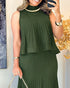 2 Pieces Outfit Sleeveless Loose A Line Pleated Knit Tank and High Waist Midi Fishtail Skirt Set dark green