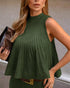 2 Pieces Outfit Sleeveless Loose A Line Pleated Knit Tank and High Waist Midi Fishtail Skirt Set dark green